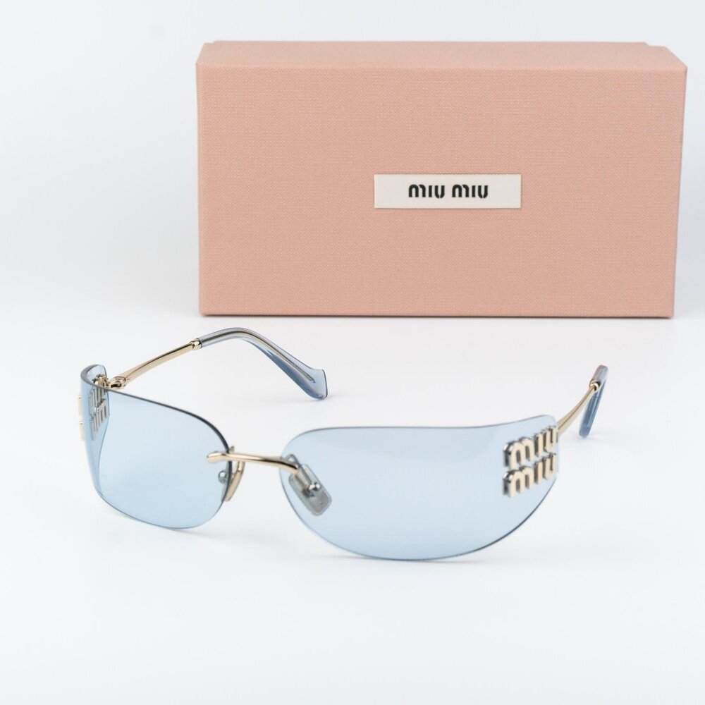 Miu Miu Women Sunglasses Gold Blue Rectangle Rimless MUA51S ZVN10P NEW AUTHENTIC